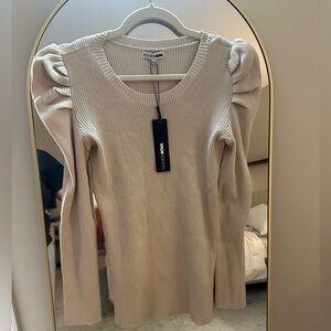 Tan Fashion Nova Tight Ribbed Puff Sleeve Sweater. NWT.
